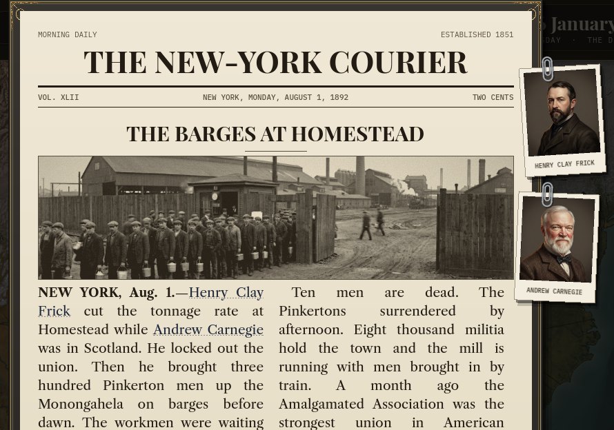 The New-York Courier, 1 August 1892: The Barges at Homestead, with portraits of Henry Clay Frick and Andrew Carnegie clipped beside the column.