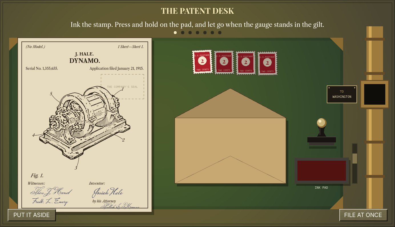 The Patent Desk: a dynamo's patent drawing with its witnesses' signatures, an envelope, two-cent stamps, an ink pad and a rubber stamp, and a brass chute to Washington.
